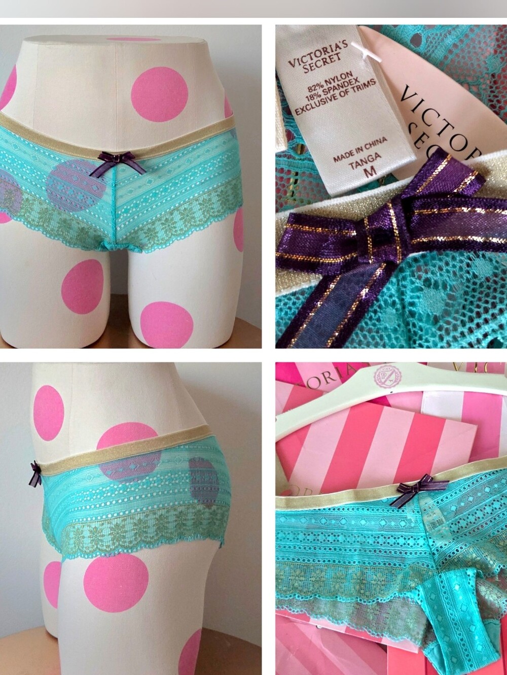 Victoria's Secret VTG Nylon Lace Cheeky Tanga Panty NWT Teal Blue Bow RARE HTF